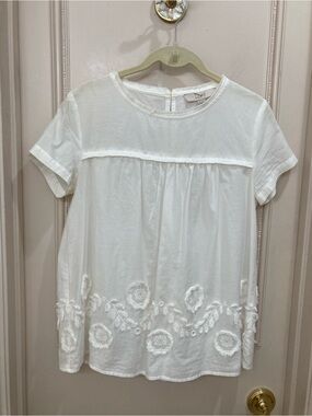 LOFT White Embroidered Short Sleeve Tunic Top